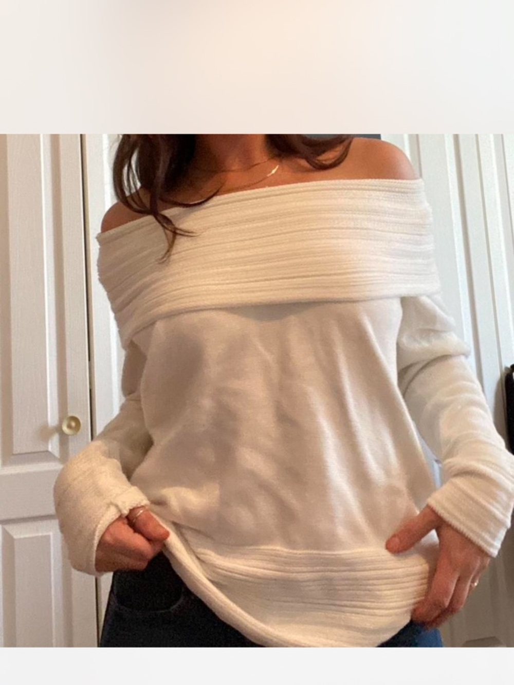 Calvin Klein Off-the-Shoulder Cream Ribbed Foldover Sweater